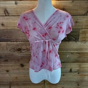 Y2K Pink floral mesh wrap top with ribbon tie